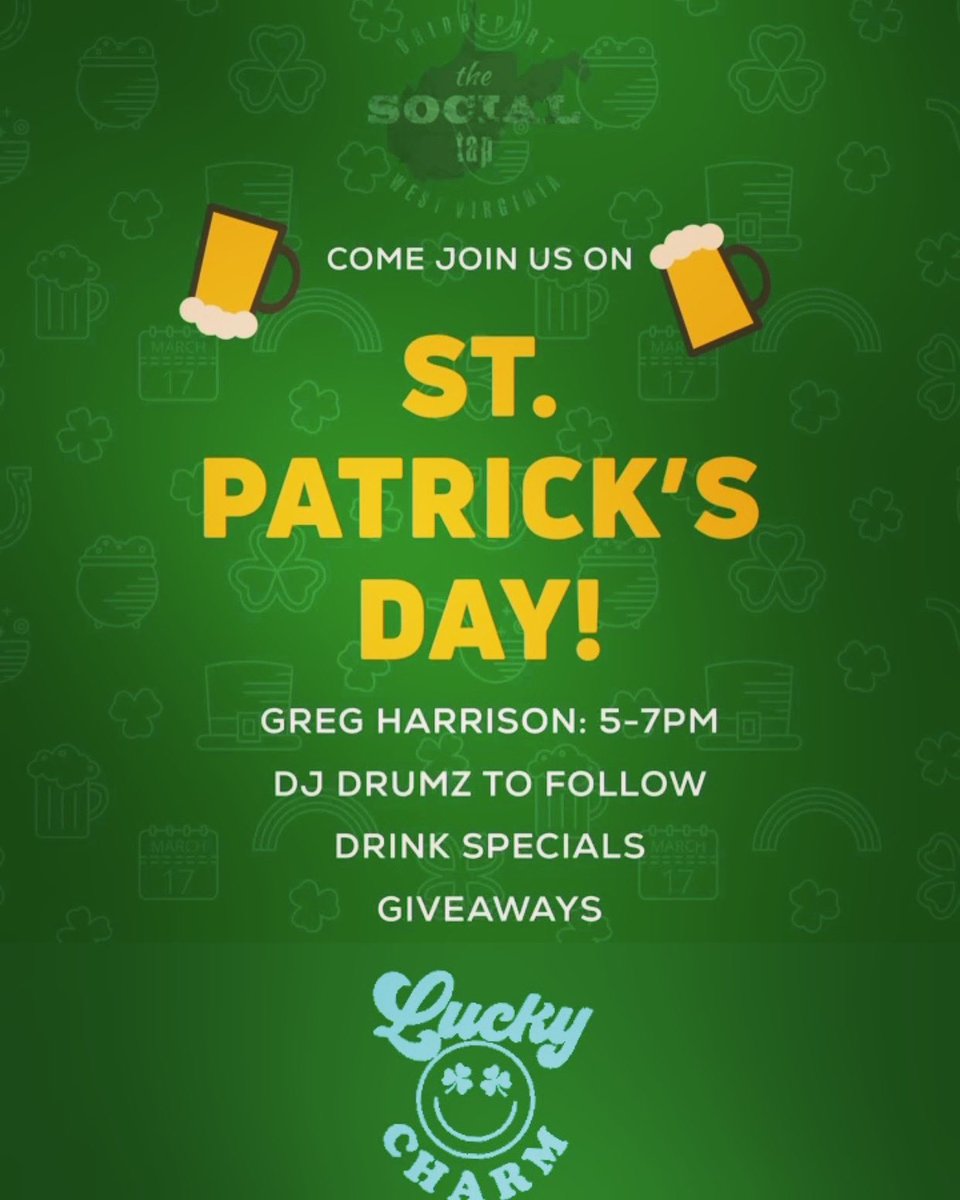GregHMusic's tweet photo. Good times to be had this Thursday at @TheSocialTap ☘️🍻 #StPatricksDay https://t.co/PYAuCM78nK