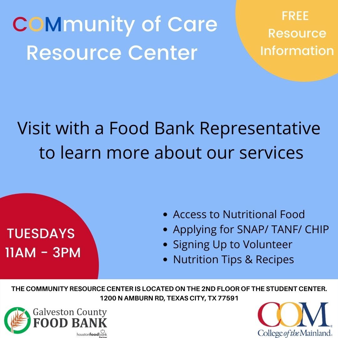 GalCoFoodBank's tweet photo. As part of a new collaboration the Galveston County Food Bank will have a representative at the College of the Mainland Community Resource Center, located on the 2nd floor of the Student Center, to provide information about the services we provide every Tuesday from 11am to 3pm. https://t.co/1kzT12Wjae