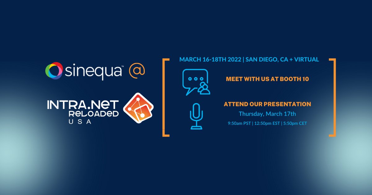sinequa's tweet photo. We are just 1οΈβ£day away from kicking off #IntraNETReloaded in San Diego! Swing by booth 10 and say hello (in person or virtually) to our team
Save the date for our speaking session, Thursday at 9:50am PST, 12:50pm EST, 5:50pm CET!
Learn more: https://t.co/q1g1PHgNw2 https://t.co/gFfuO3ZbzH