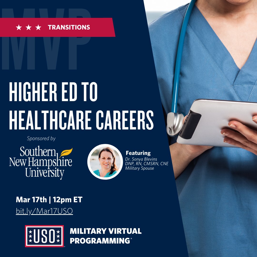 Join USO on March 17th at 12pm ET to talk all things health industry, in partnership with SNHU. Hosted by military community members & experts in the field, this event will help you learn the ins & outs of healthcare & education Register: fal.cn/3mXHr   #usotransitions