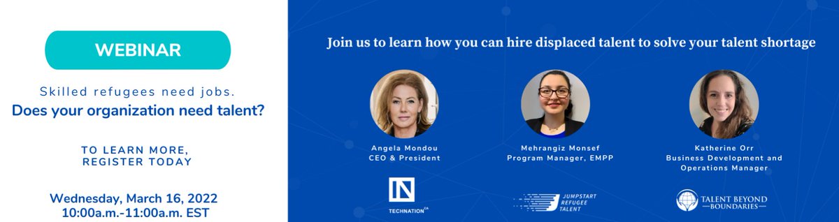 TECHNATIONca's tweet photo. So proud of the work @TECHNATIONca is doing to support @TBBforTalent . Do not miss our CEO @angela_mondou bringing her personal experience working with war-torn nations and displaced families to this tremendous partnership for Canada at tomorrow’s webinar https://t.co/boHIFPyBSo https://t.co/vTKtdO0H3P