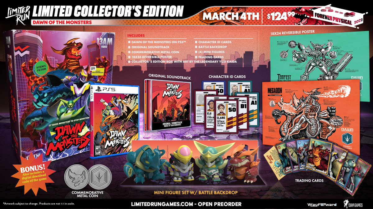 WayForward's tweet photo. Don't forget, if you prefer to get physical with your kaiju, Dawn of the Monsters is available for preorder from @LimitedRunGames until April 3 in standard or Collector's Editions on Switch, PS4, and PS5. Check out that poster and the chibi figures! https://t.co/7Ybl1V123b https://t.co/BKn64WdoMA