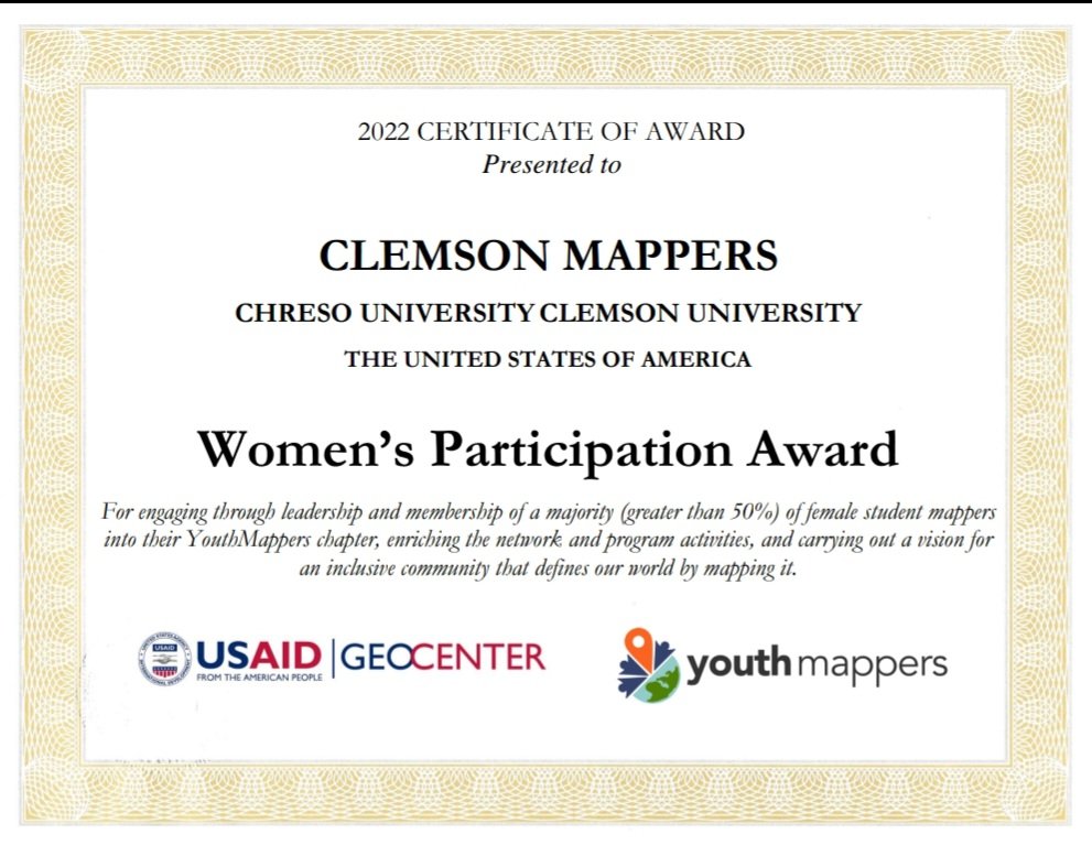 GISClemson's tweet photo. We are so unbelievably proud to share that our Clemson Mappers have just been awarded the 2022 Women's Participation Award! Congratulations! 

@ClemsonGSG @ClemsonUniv @ClemsonSA @clemsonlibrary @esri #clemsonuniversity #highereducation #giseducation #GIS https://t.co/SZ9d6JniB3