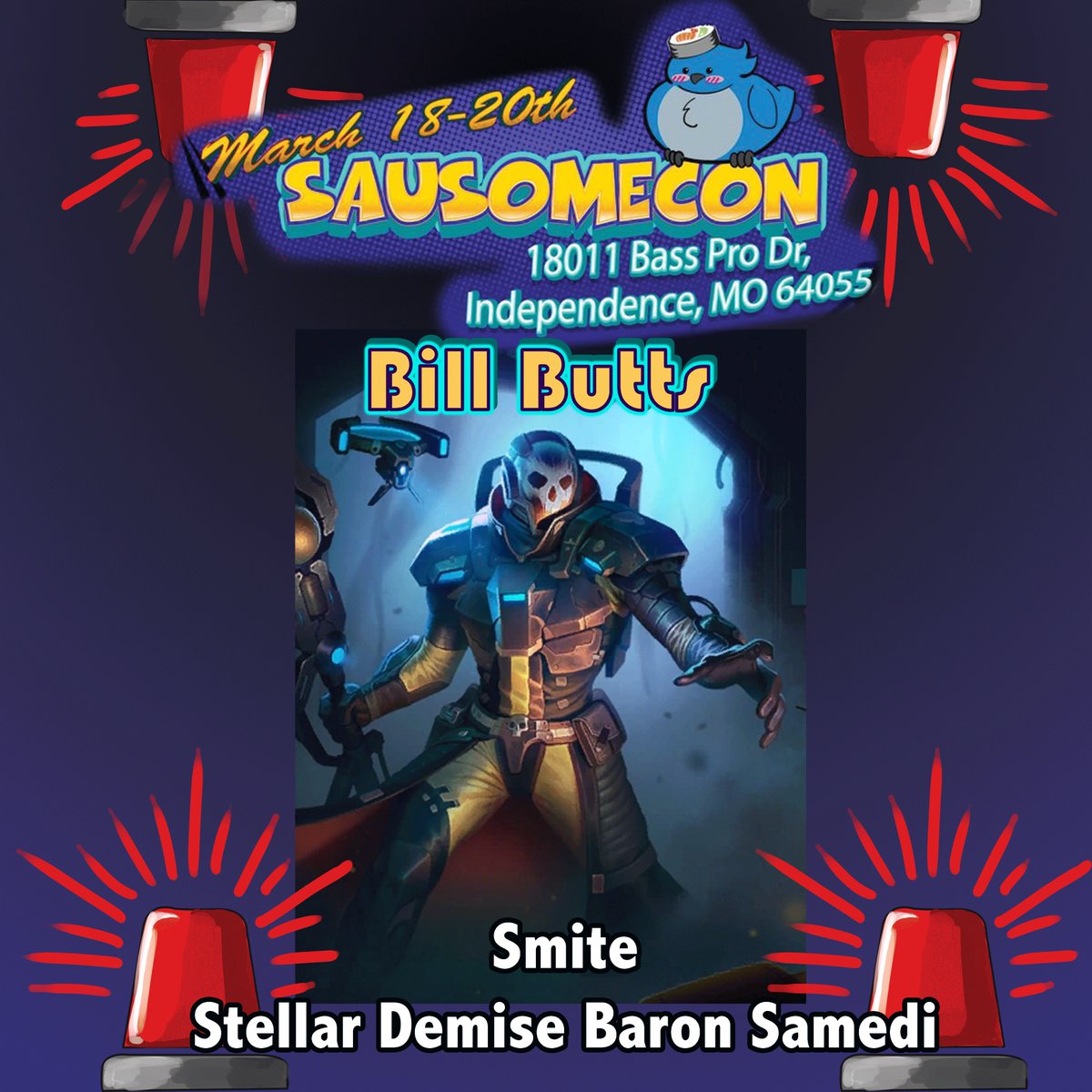 Sausomecon's tweet photo. Does Anyone play Smite?!? 
Many of the special Guest Voice Characters in Smite!!!
Don’t forget to get your Badge today 🎟️  https://t.co/Kl8WniY92E
#SMITE  #VIDEOGAMES #TWITCH #gaming #ChiefsKingdom https://t.co/XjP5AaHVTB
