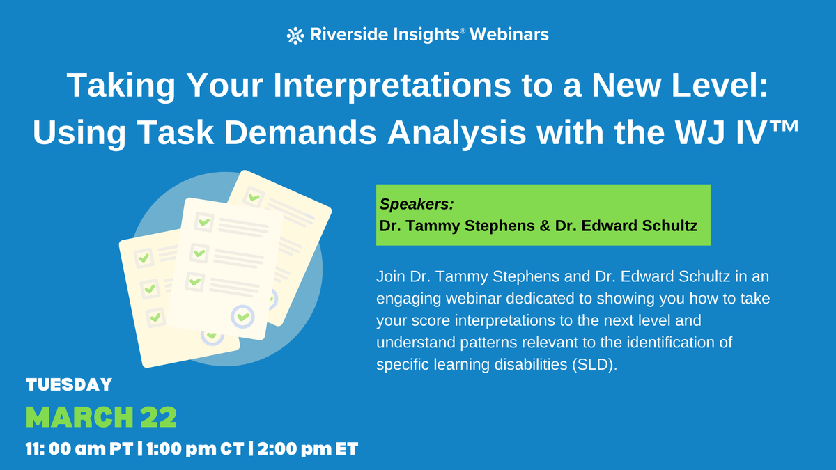 1BillionLives's tweet photo. Learn how task demand analysis of the WJ IV can enhance your understanding of the learner and reveal important implications for the classroom in a webinar led by Dr. Tammy Stephens and Dr. Edward Schultz.  

Register now: https://t.co/5Auem5YYdF

#SLD #wjiv #scoreinterpretation https://t.co/9Eca0m59JN