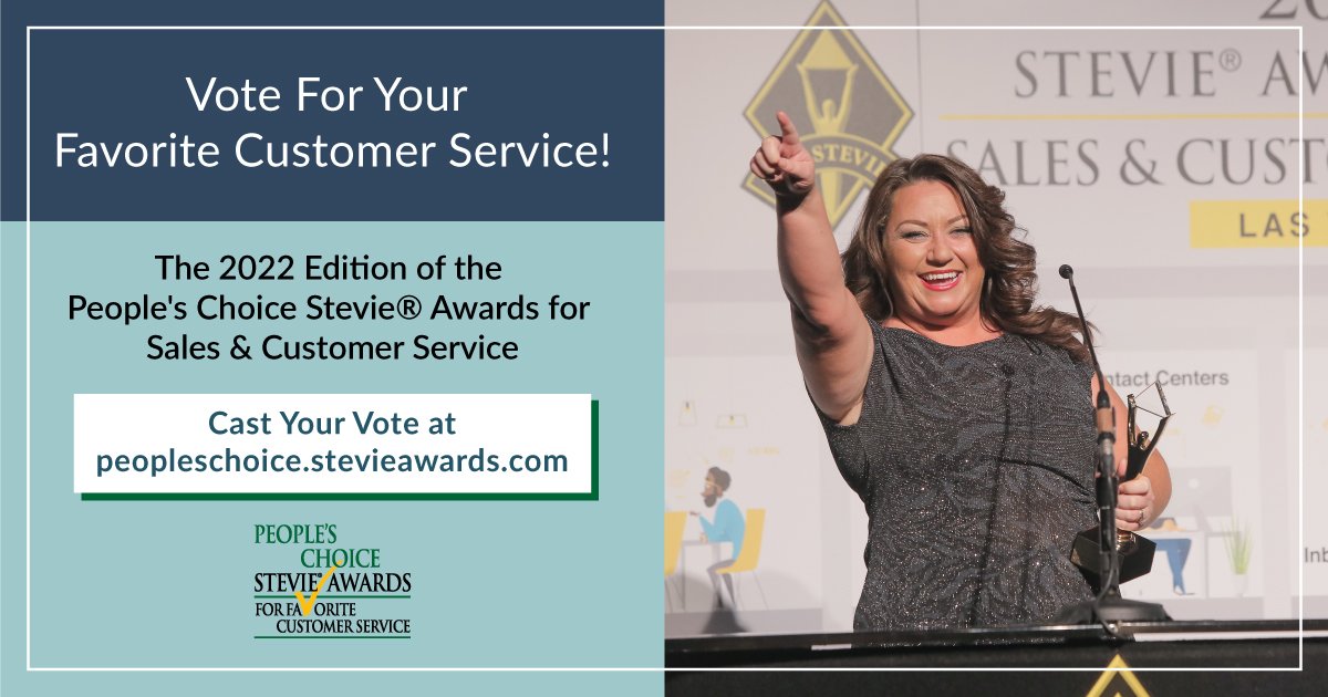 ☑️ Voting is underway for the 2022 edition of the People's Choice Stevie® Awards for Sales &amp; Customer Service! You can participate by #voting for your favorite provider of #customerservice by category for any of the organizations nominated. Cast your vote: bit.ly/3q30xEh