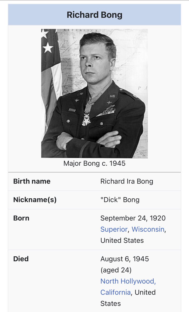 I recently learned that the US pilot with the most downed planes during aerial combat in WWII was a guy from Wisconsin named DICK BONG and I have not since recovered