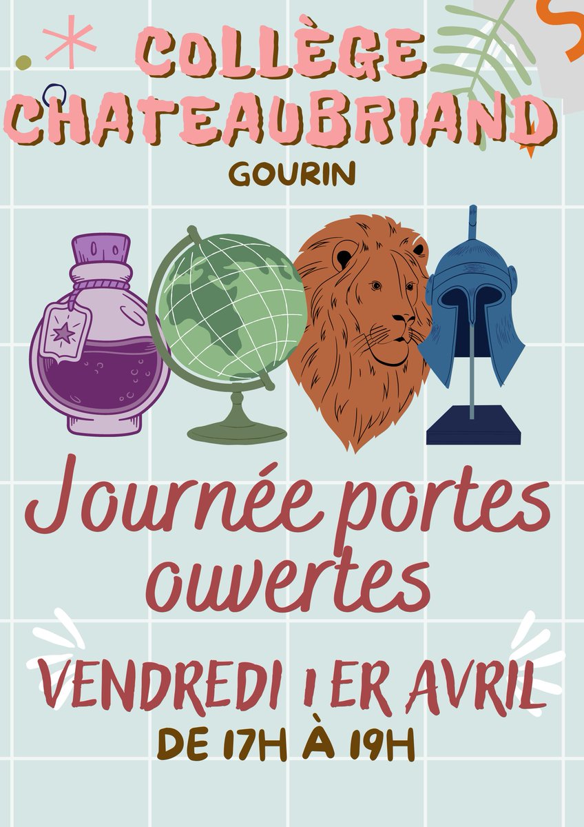 ClgGourin's tweet photo. Journée portes-ouvertes au collège François-René de Chateaubriand le 1er avril de 17h à 19h. https://t.co/Pekdj7dTK1