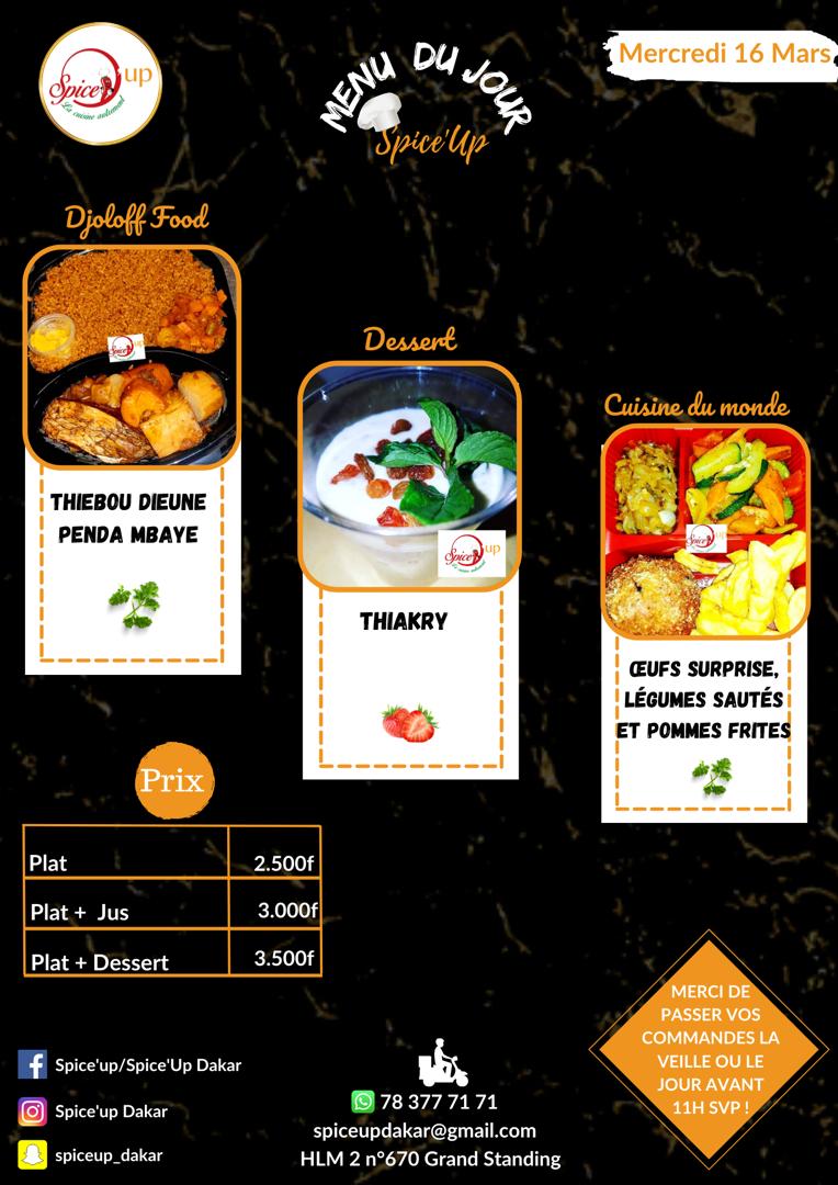 KeurSaer's tweet photo. Bonsoir la famille, vous vous portez bien ?
Voici le menu de ce mercredi ci chez Spice Up, l'un de nos clients restaurant-traiteur.
Faites vos commandes avant 11h30.
Bonne soirée ! https://t.co/9I0kIRL0r5