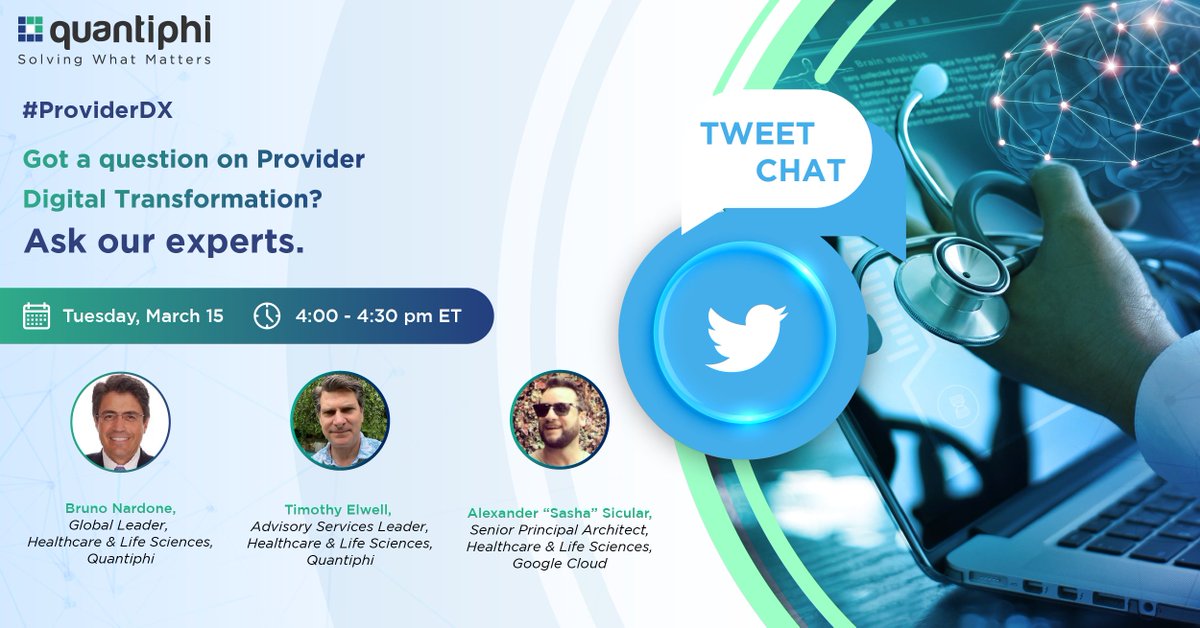 Quantiphi's tweet photo. Just 2 hours to go!
Join @Quantiphi and @googlecloud experts for an interactive Tweetchat.
Join the conversation #HIMSS #ProviderDX at 4-430 pm ET. https://t.co/isJ8s7cVQK
