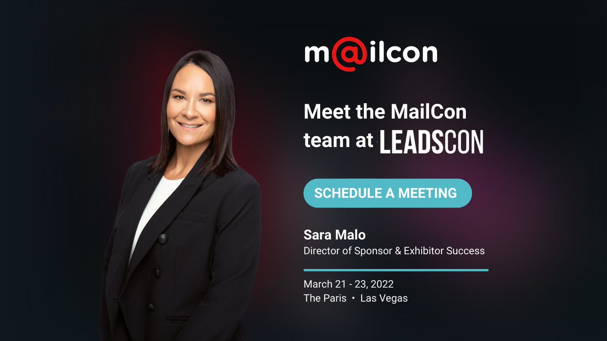 MailConOfficial's tweet photo. Attending @LeadsCon? Set up a meeting with our very own Sara Malo to discuss business opportunities and collaboration with MailCon. 💌

https://t.co/guxFoizY3z #LeadsCon #LeadsCon2022 https://t.co/bwO7Tbpwln