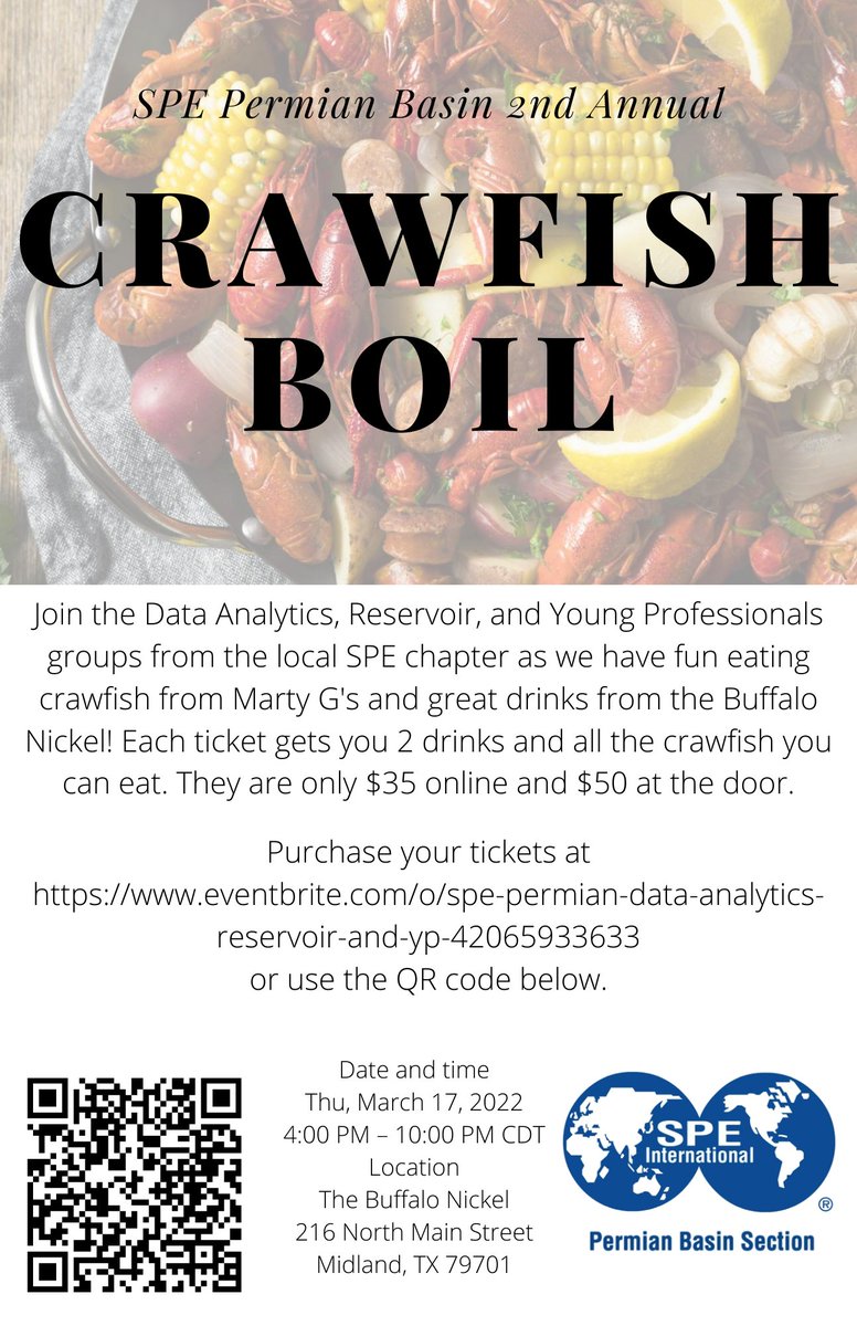 SPEPermianBasin's tweet photo. Join us this Thursday at 11:30 AM for our General Meeting on "A Shot in the Dark" with DarkVision Technologies and Henry Resources, followed by our 2nd Annual Crawfish Boil hosted by the Data Analytics, Reservoir and Young Professionals groups at the Buffalo Nickel at 4 PM!

#SPE https://t.co/FpNRRSkz0k