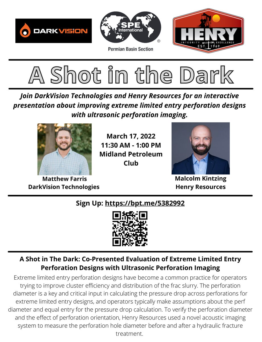 SPEPermianBasin's tweet photo. Join us this Thursday at 11:30 AM for our General Meeting on "A Shot in the Dark" with DarkVision Technologies and Henry Resources, followed by our 2nd Annual Crawfish Boil hosted by the Data Analytics, Reservoir and Young Professionals groups at the Buffalo Nickel at 4 PM!

#SPE https://t.co/FpNRRSkz0k