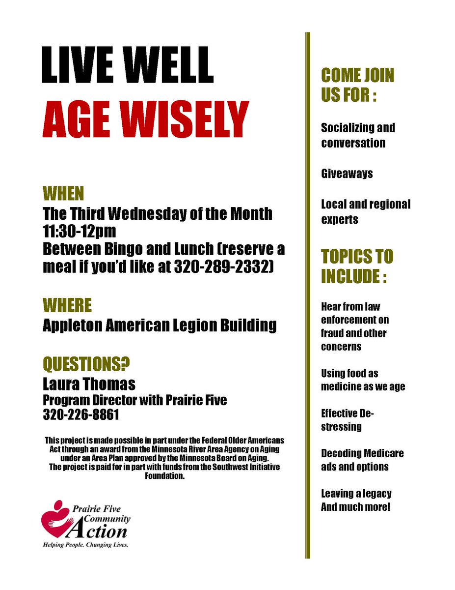 MNRAAA's tweet photo. Prairie Five Community Action Council is hosting Live Well Age Wisely in Canby on the first Tuesday of the month, in Dawson and Madison on the second Monday of the month, and in Appleton on the third Wednesday of the month.
If you have questions, call Laura Thomas at 320-226-8861 https://t.co/zxXSIyUEsD