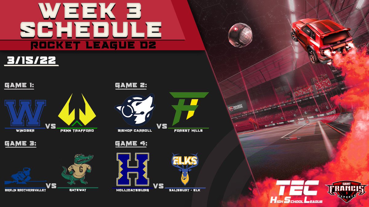 Kicking the Week off for D2 #Rocketleague
Here are todays matchups🚨

⏰3:30
<a href="/windberschools/">Windber Area SD</a> 🆚<a href="/PTWarriors/">Penn-Trafford Athletics</a> 

⏰4:15
@BCHuskieEsports 🆚<a href="/FHRangerESports/">ForestHills ESports</a> 

⏰5:00
Berlin 🆚 @GHS_Gators 

⏰ 5:45
@Tigerwires 🆚 Salisbury-Elk

📺 twitch.tv/techighschooll…
