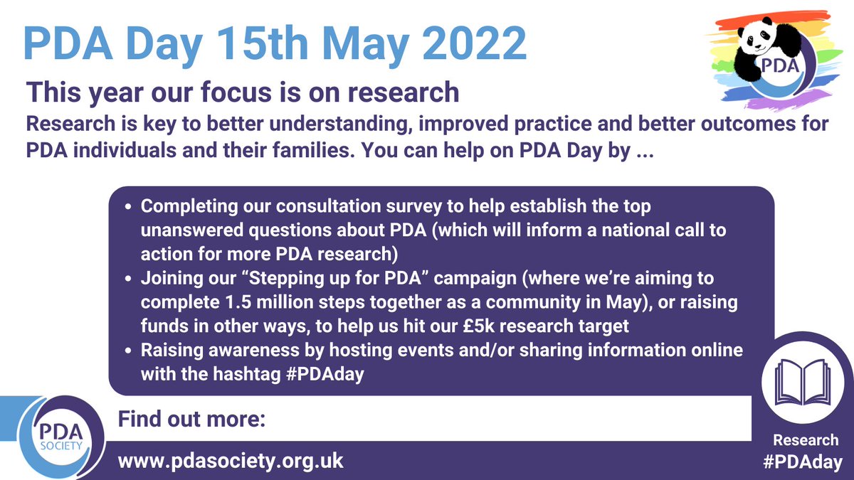 PDASociety's tweet photo. PDA Day is on 15th May & our focus is on promoting high quality research informed by what matters most to the #PDA community.
We’re launching a consultation survey on #PDAday & raising funds with our Stepping up for PDA campaign. Find out more & sign up: https://t.co/Nzm1UREtC1 https://t.co/yfjiQiaQQ6