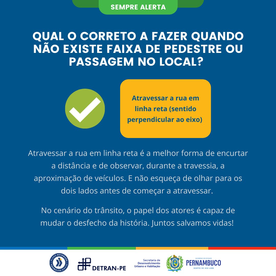 DetranPE's tweet photo. Qual o correto a fazer quando não existe faixa de pedestre ou passagem no local?
Escolha uma das alternativas e, depois, verifique se acertou a resposta na segunda imagem da postagem.
#pedestre
#atravessararua
#ctb
#codigodetransito https://t.co/W1kNTcAXaF