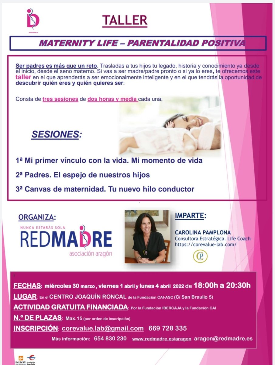 REDMADREAragon's tweet photo. SER PADRES ES MÁS QUE UN RETO. ¿Eres padre o madre o lo vas a ser?@REDMADREAragon te invita a este útil #Taller  nuevamente:
#MaternityLifeParentalidadPositiva Gracias a @IbercajaSocial @FCajaInmaculada 30 de marzo, 1 y 4 de abril 18:00h a 20:30h  #CentroJoaquínRoncal  Zaragoza. https://t.co/xTXpchhVmh