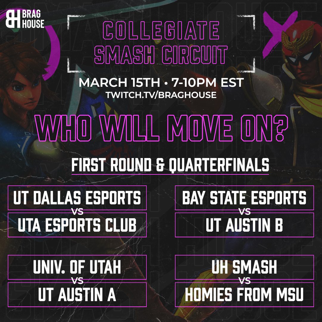 The <a href="/CollegiateSmash/">Collegiate Smash Brothers</a> Circuit finals start tonight at 7 pm EST!

Don't miss out on the first round &amp; quarterfinals, as our final 8 teams fight for a $500 gift card and 10,000 Brag Bucks #BragHouseSmashHouse #BragOn

📺➡️twitch.tv/BragHouse
⚔️➡️challonge.com/BragHouseTop8
