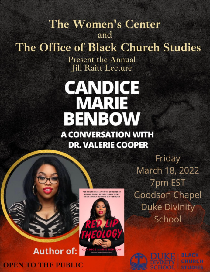 DukeDivAlumni's tweet image. The DDS Women's Center and OBCS are delighted to co-host the annual Jill Raitt Lecture this year. The guest speaker is Candice Marie Benbow, DDS alum and author. The event is free and open to the public.
#essence #MSNBC #pinkrobechronicles #thechristiancentury