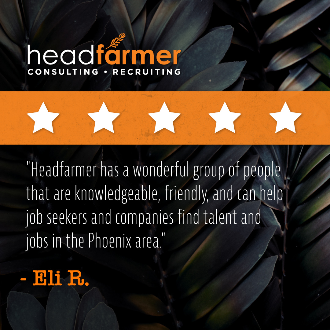 Headfarmer's tweet photo. Thank you for your review, Eli! For a trusted recruiting partner in the Phoenix area, partner with Headfarmer: https://t.co/qbk6EV3q28

#Headfarmer #Recruiters #Networking #Finance #Accounting #HumanResources #InformationTechnology #Phoenix #Recruitment #JobSearch #CareerGrowth https://t.co/0VY64NbyBm