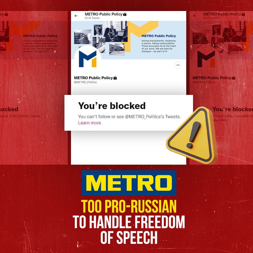 OlenaVoitovych's tweet photo. Trying to shut us up will only make us louder, and your reputation – dirtier, Metro Stop blocking accounts demanding what's right and get out of russia!
#standwithukraine #stopwarinukraine #stoprussianaggression #stopputinnow #boycotrussia
@METRO_DE @METRO_FR https://t.co/ky9jmd4cT7