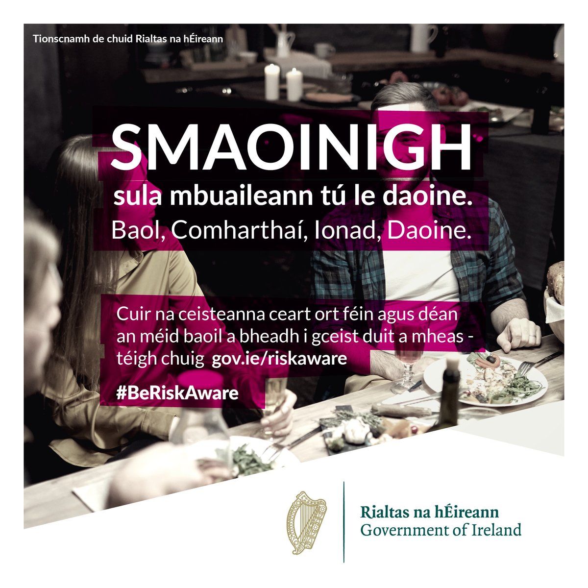 GovIE's tweet photo. ⚠️Smaoiningh sula mbuaileann tú le daoine ⚠️

R.S.V.P. before meeting up with others to assess your risk 

➡️💻Go to https://t.co/bmEfZ5JSzr to ask the right questions about 𝐑isk, 𝐒ymptoms, 𝐕enue and 𝐏eople and help us all to #BeRiskAware https://t.co/MYGtyOmBVE