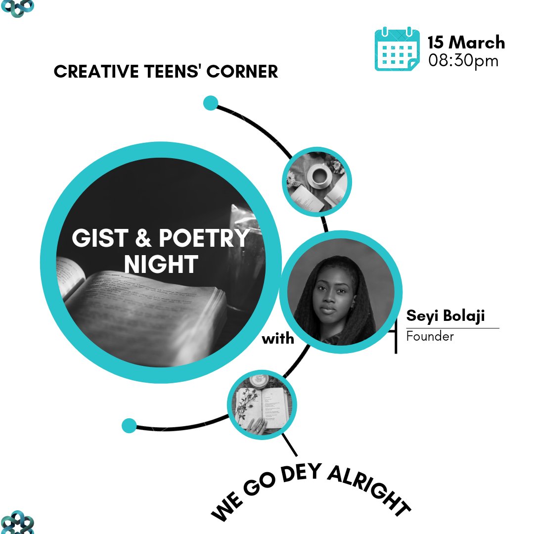 _Seyiwryte's tweet photo. #WE_GO_DEY_ALRIGHT
It's #GIST AND #POETRY night at Creative Teens' Corner today and I'm super excited to gist with my #teenagers.
#WeGoDeyAlright is the theme for today's poetry and it addresses #life, #mentalhealthmatters and #hope. https://t.co/uRHbzSSUjE