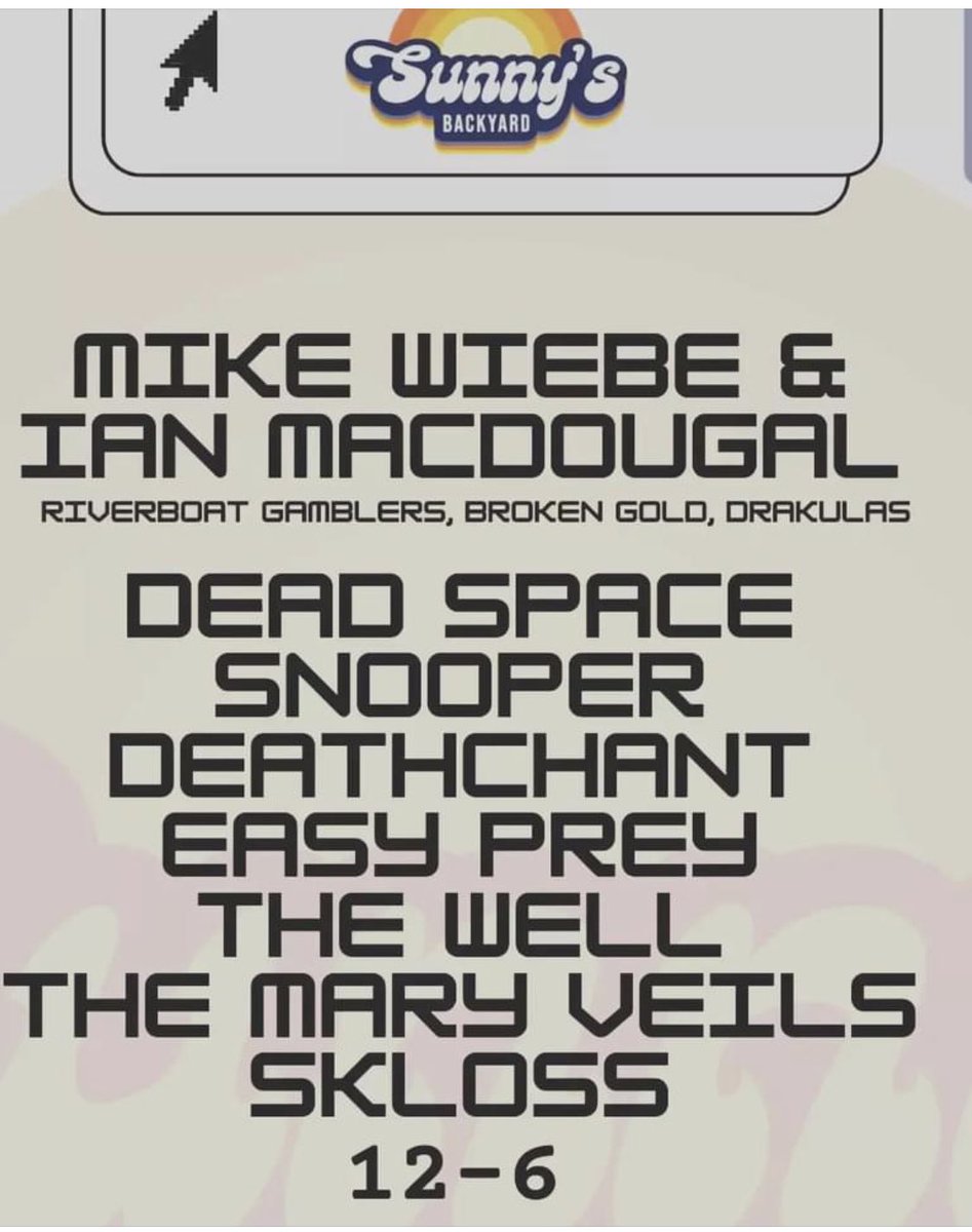 The Dead Space, Sunny’s Backyard, 5pm today. Be there or be somewhere else, that’s usually how it works 
<a href="/TheDeadSpace_/">The Dead Space</a>