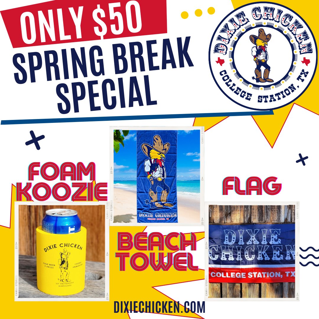 thedixiechicken's tweet photo. #FoamKoozie + #BeachTowel + #Flag = $50!
Our #SpringBreakSpecial won't last much longer, so get this deal while you can.
https://t.co/z5fgtoOIZH https://t.co/BrfOC1dvSf