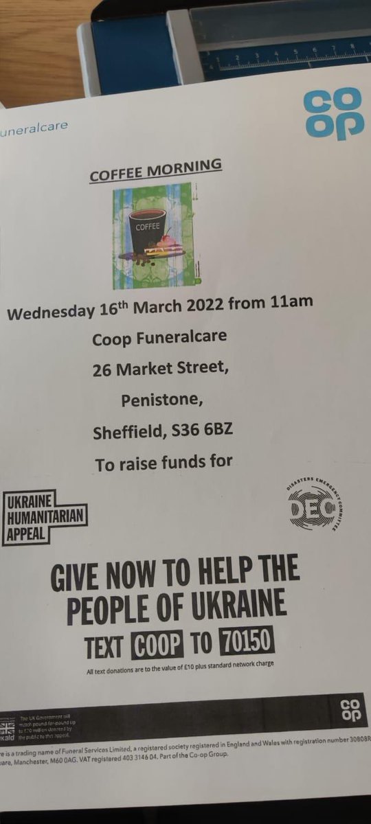 Please pop down to this event tomorrow at Penistone Co-op Funeralcare to raise funds for the DEC Ukranian appeal. <a href="/coopuk/">Co-op</a> #ItsWhatWeDo