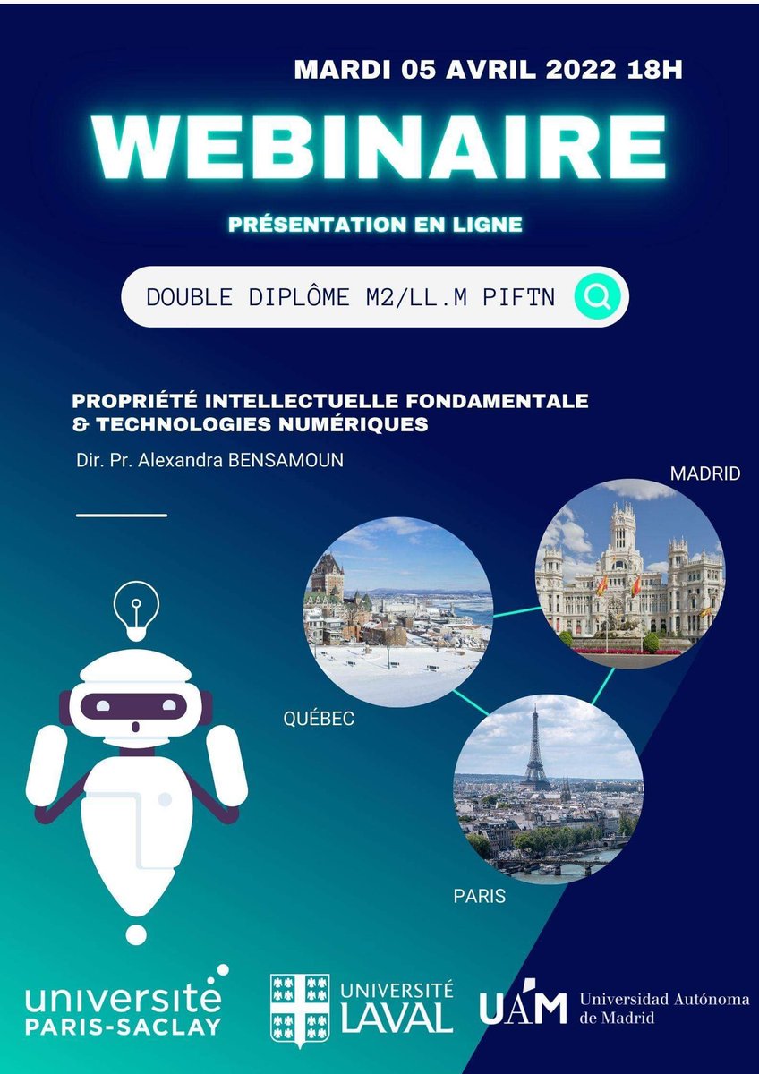 M2PIFTN (@m2_piftn) on Twitter photo 🗓 A vos agendas !
Retrouvez nous le mardi 5 avril 2022 à 18h pour une présentation en ligne du M2/LLM Propriété Intellectuelle Fondamentale et Technologies Numériques (PIFTN) en présence de la directrice <a href="/alexbensamoun/">Alexandra Bensamoun</a> et de certains étudiants !
A très bientôt 🎓
#ipit #master 🗓 A vos agendas !
Retrouvez nous le mardi 5 avril 2022 à 18h pour une présentation en ligne du M2/LLM Propriété Intellectuelle Fondamentale et Technologies Numériques (PIFTN) en présence de la directrice <a href="/alexbensamoun/">Alexandra Bensamoun</a> et de certains étudiants !
A très bientôt 🎓
#ipit #master