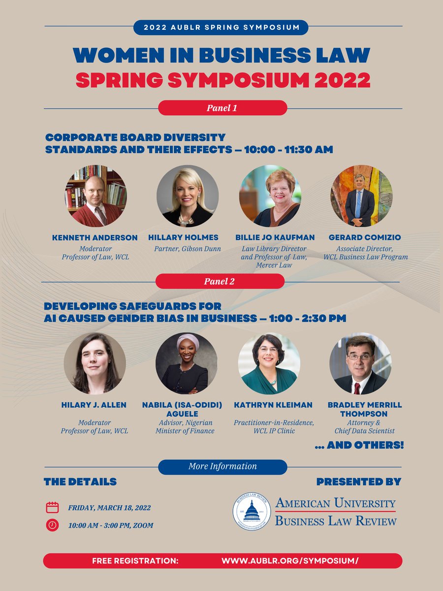 AUBLR is pleased to invite you to our 2022 #WomeninBusinessLaw Spring Symposium. 

This Symposium explores a range of issues from corporate board diversity standards to AI-driven gender bias in business.

RSVP today! — aublr.org/symposium/