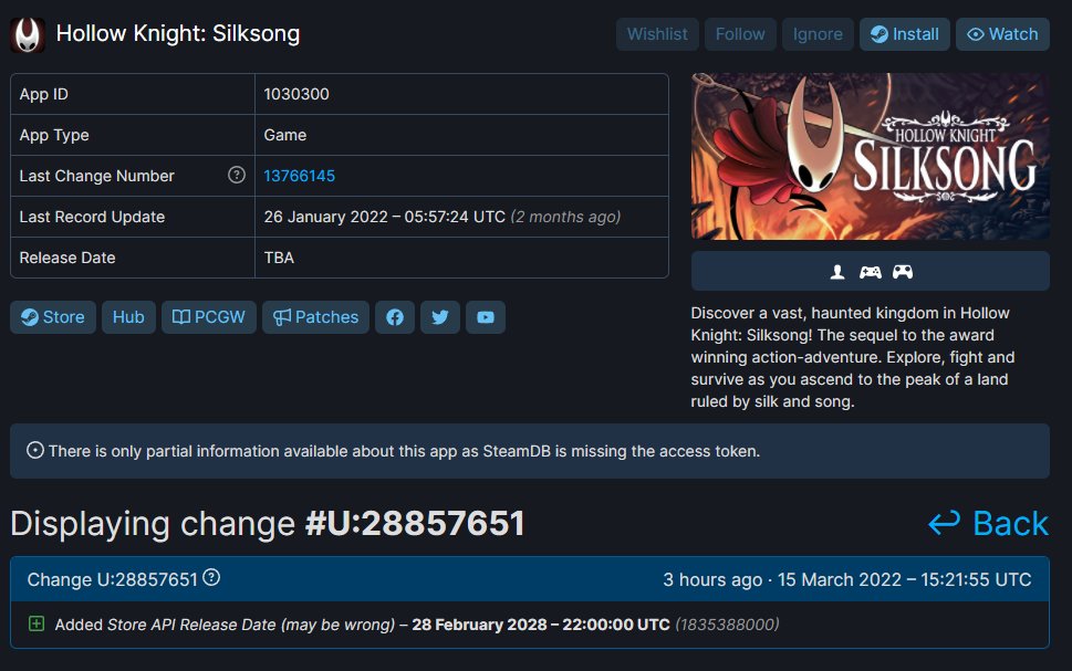 mossbag on X: Steam API has just leaked the release date for Hollow Knight  Silksong. I think Hollow Knight fans are gonna be very happy come Feburary  28, 2028.  / X