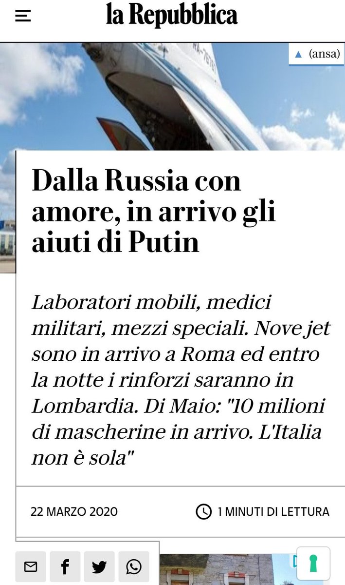 Nalu_2017's tweet photo. @robersperanza Ricordiamo che il primo aiuto che è arrivato in Italia per salvare il popolo italiano era da parte di Russia. Hanno spedito NOVE JET con dei medici, medicinali e anche le mascherine!! che invece sono state BLOCCATE dalla Germania! 😠 #nondimentichiamo
#RussiaItalia https://t.co/YS75ks4SmN