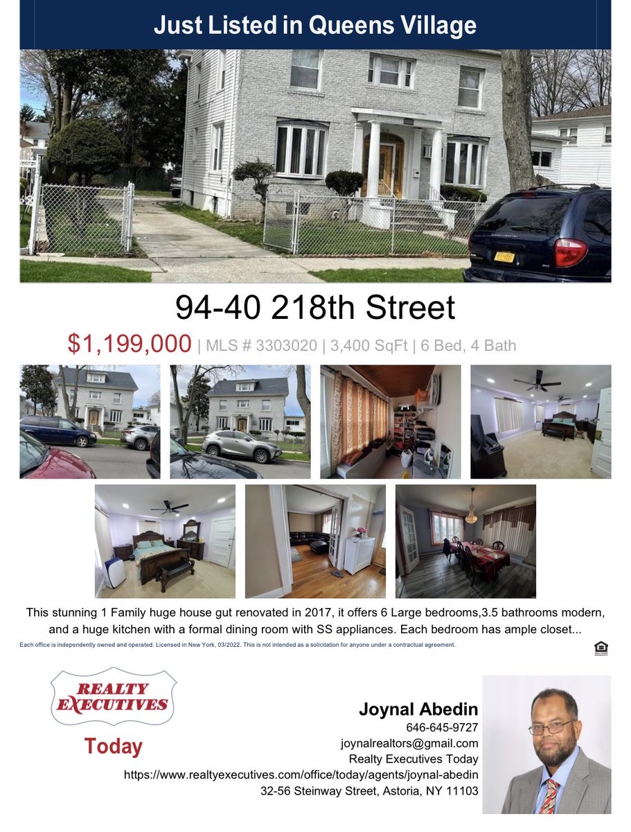 Just Listed for $1,199,000 - 94-40 218th Street , Queens Village, NY 11428
# #realestateexperts #realtor #real estate agent #home #property #investment #forsale #realtorlife #househunting ⁦<a href="/realtyexec/">Realty Executives</a>⁩ ⁦@RealtyExecsPHX⁩