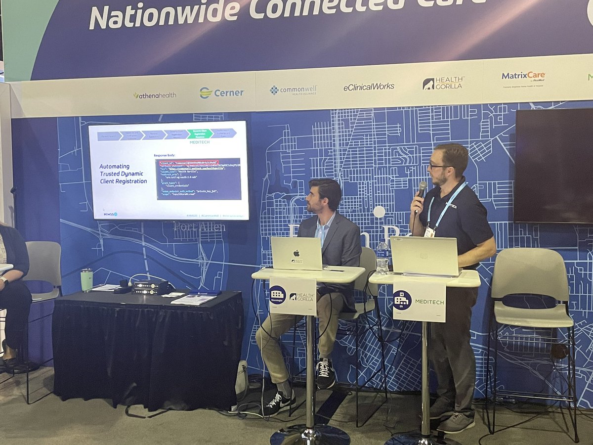liz_buckle's tweet photo. @CommonWell members @MEDITECH and @healthgorilla showing the first #FHIR 🔥 pilot of the CommonWell FHIR directory, patient search, trusted dynamic client registration, and query for FHIR resources - on the #HIMSS22 #interopshowcase floor /1 https://t.co/3gLHm1UofM
