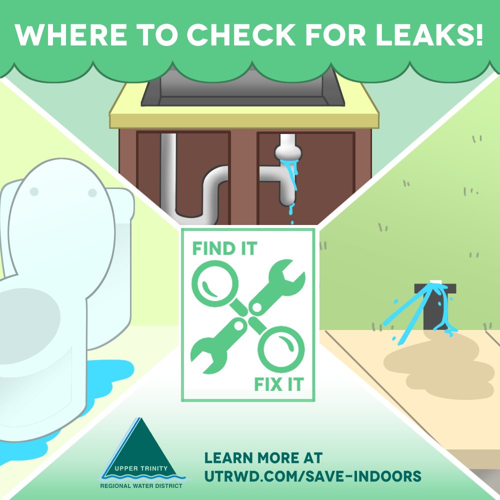 UTRWD's tweet image. Household leaks may be small, but they add up quickly! The average home loses up to 10,000 gallons of water per year due to easy-to-fix leaks - the equivalent of 300 loads of laundry! Find out where to look for leaks at utrwd.com/saving-water/s… #FixaLeakWeek #FindItFixIt