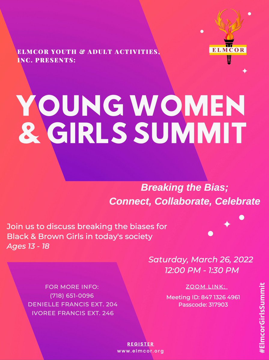 Join our exciting panel in a candid conversation at our annual Young Women &amp; Girls Summit on Saturday, March 26 from 12 PM-1:30 PM. The theme this year is “Breaking the Bias; Connect, Collaborate, Celebrate!” We hope to see you there! #Elmcor #girls #summit #ElmcorGirlsSummiy