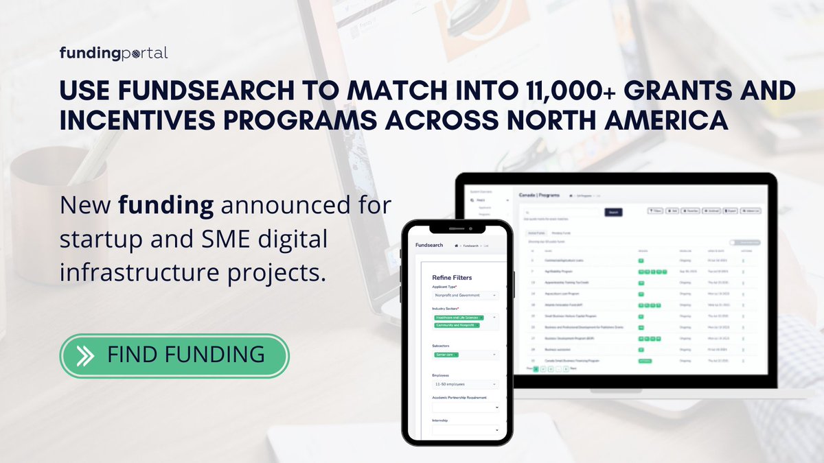 Funding_Portal's tweet photo. Use Fundsearch to find the right incentives and investment for your projects in minutes. Track new funding programs, and receive discounts on additional services like grant writing and custom reports. https://t.co/paOyGSBBY0 https://t.co/H873xNG3zu