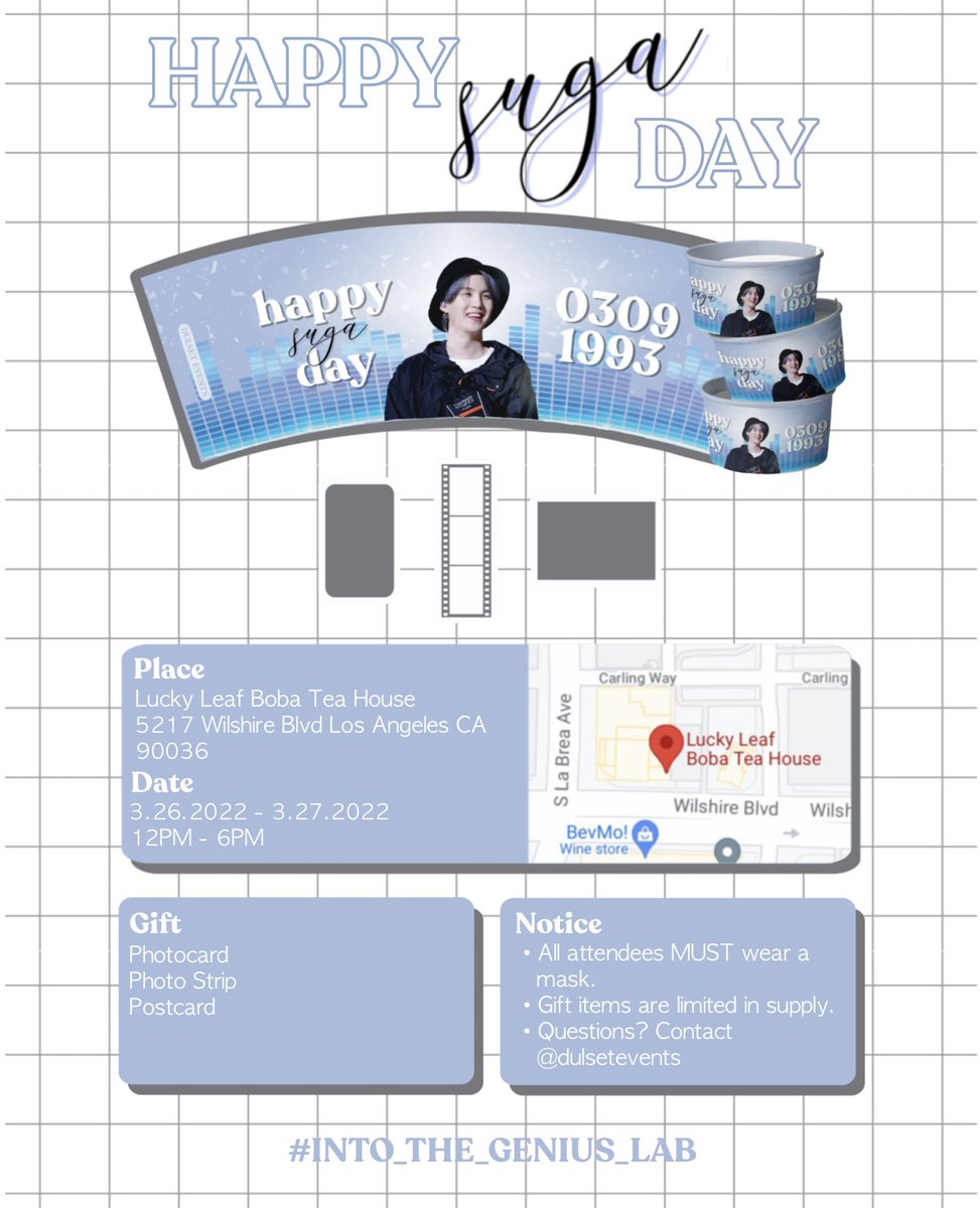 dulsetevents's tweet photo. ππ‘π§π’ π§ππ πππ‘ππ¨π¦ πππ π§
Join us in celebrating Sugaβs birthday!
CAFE EVENT in LA
Lucky Leaf Boba Tea House
5217 Wilshire Blvd
Los Angeles, CA 90036
3.26.2022-3.27.2022
12PM - 6PM
#INTO_THE_GENIUS_LAB #SUGA #BTS #btsarmy https://t.co/jlLx5mV6cp