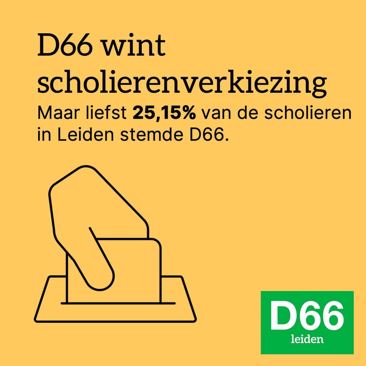 D66 heeft gewonnen bij de scholierenverkiezingen! 💚

🗳 25,15% van de scholieren stemde D66!

Check ➡️ stem.scholierenverkiezingen.nl/uitslagen/er/2… voor de volledige uitslag.
