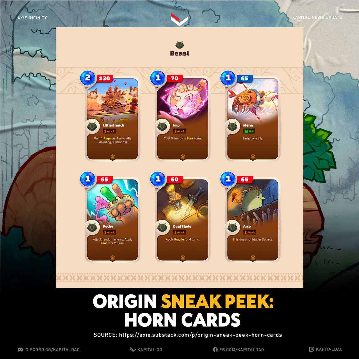 Look! Axie Infinity just released another sneak peek for Axie: Origin. 

These past weeks, Axie cards of tail, mouth and back were already introduced, today, we're finally having the horn cards.

axie.substack.com/p/origin-sneak…