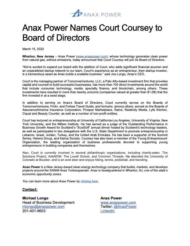 <a href="/AnaxPower/">Anax Power</a>  has appointed Court Coursey to its Board of Directors! Court adds significant financial acumen and an unparalleled startup network to our team. Welcome Court!