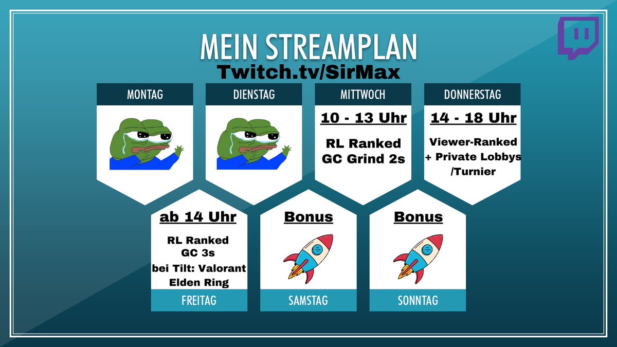 Streamingplan für die aktuelle Woche. Update ich in Zukunft am Sonntag immer - würde aber versuchen in Zukunft ein und den selben Plan jede Woche beizubehalten 😎🚀 #TwitchDE #RocketLeague 

Meinungen? Abseits von dem "coolen" Design 🤣