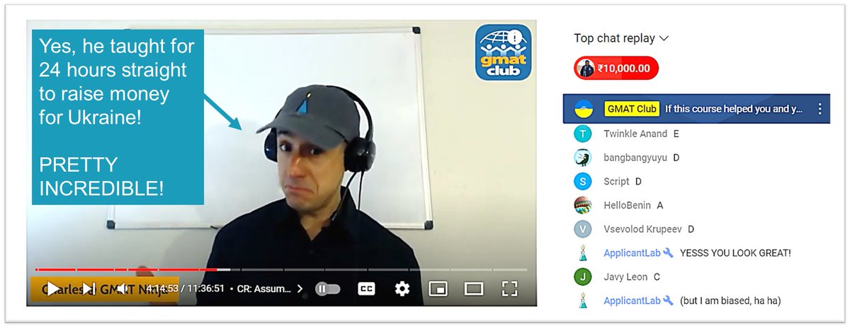 ApplicantLab's tweet image. $45K RAISED FOR UKRAINE! The #mbaadmissions and #GMAT community FAR EXCEEDED original $24k goal! The @Gmatninja taught for *24 hrs straight* to raise money via @Gmat_club. Here he's wearing an @ApplicantLab hat: maybe he's thinking: "Not too shabby!" 🙂youtube.com/watch?v=7hkeko…