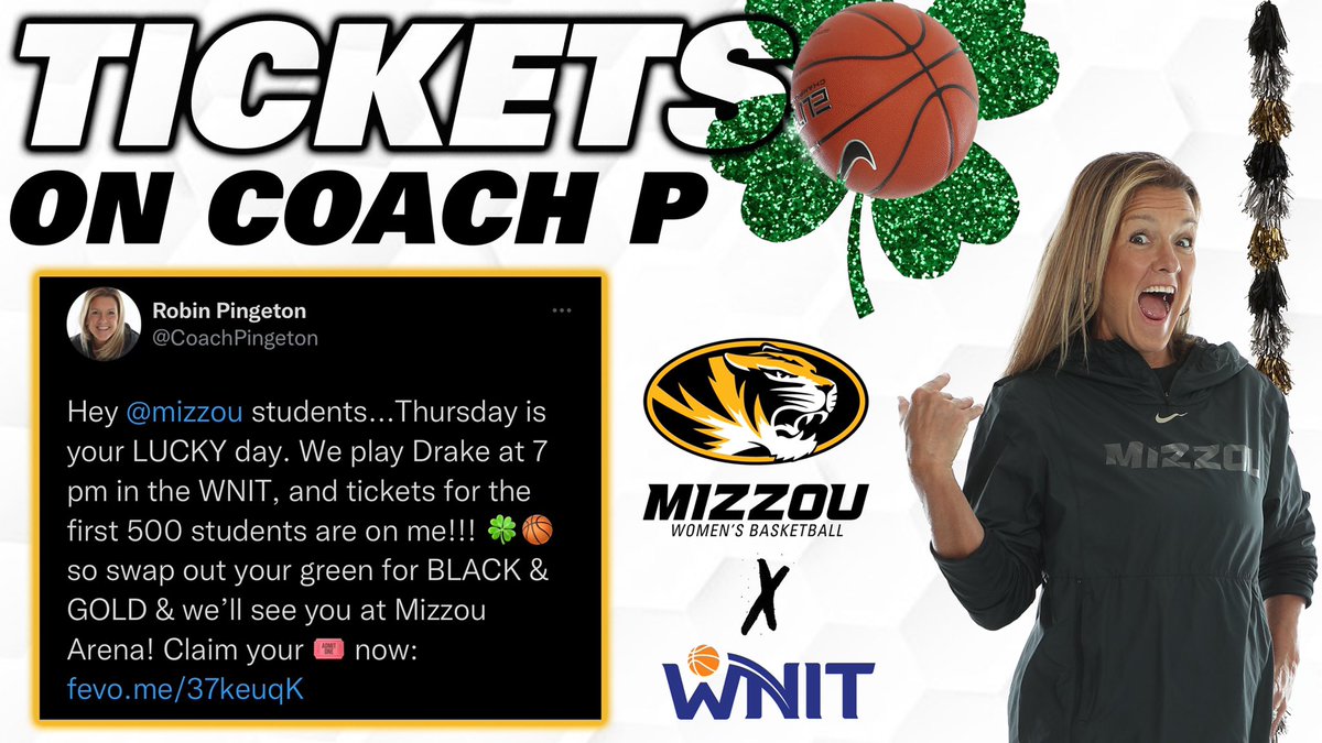 MizzouWBB's tweet photo. ‼️TICKETS ON COACH P‼️

…for the first 500 @Mizzou students! Claim yours through the link below. See y’all Thursday at 7PM! 

https://t.co/BMGBHtJ7oI https://t.co/IhnGduzgEJ