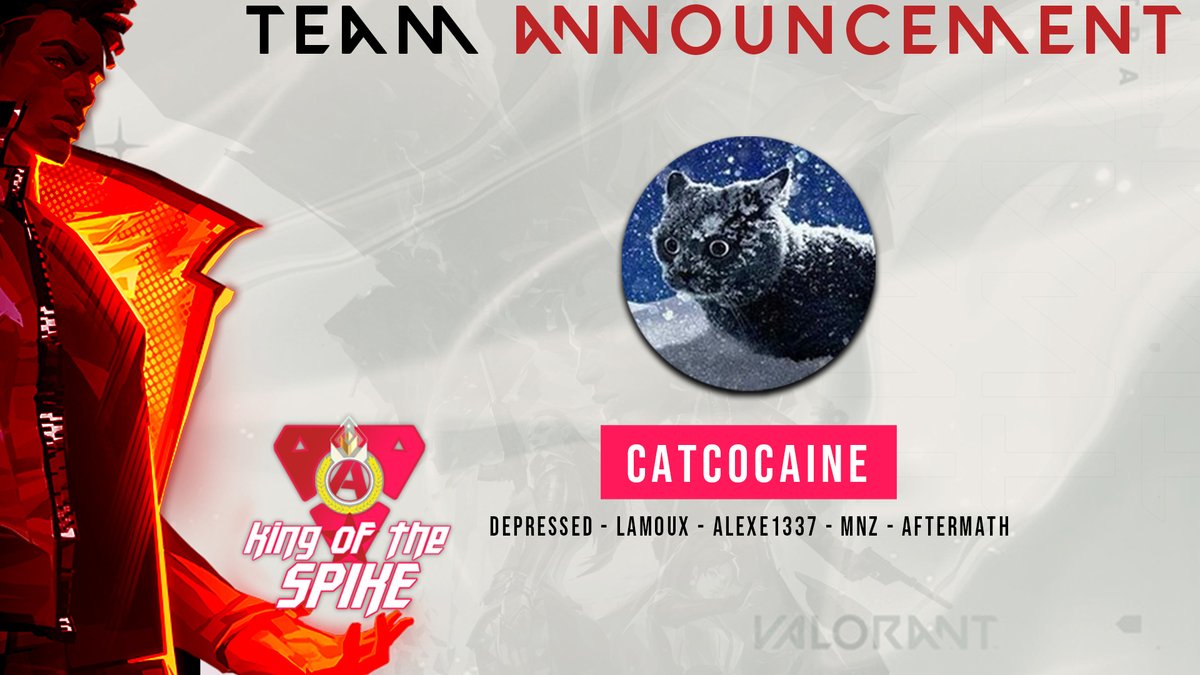 AbleEsports's tweet photo. It's none other than #CatCocaine that will be fighting it out for $1.5k in prizes on March 27, during our #VALORANT King of the Spike LAN tournament. Will they claw their way to the top or fall pray to an overdose?

@AfterMath_Val 
@alexe1337 
@ToxicWasTakenn 
@lamoux4 
#MNZ https://t.co/WeTN1IXxcC
