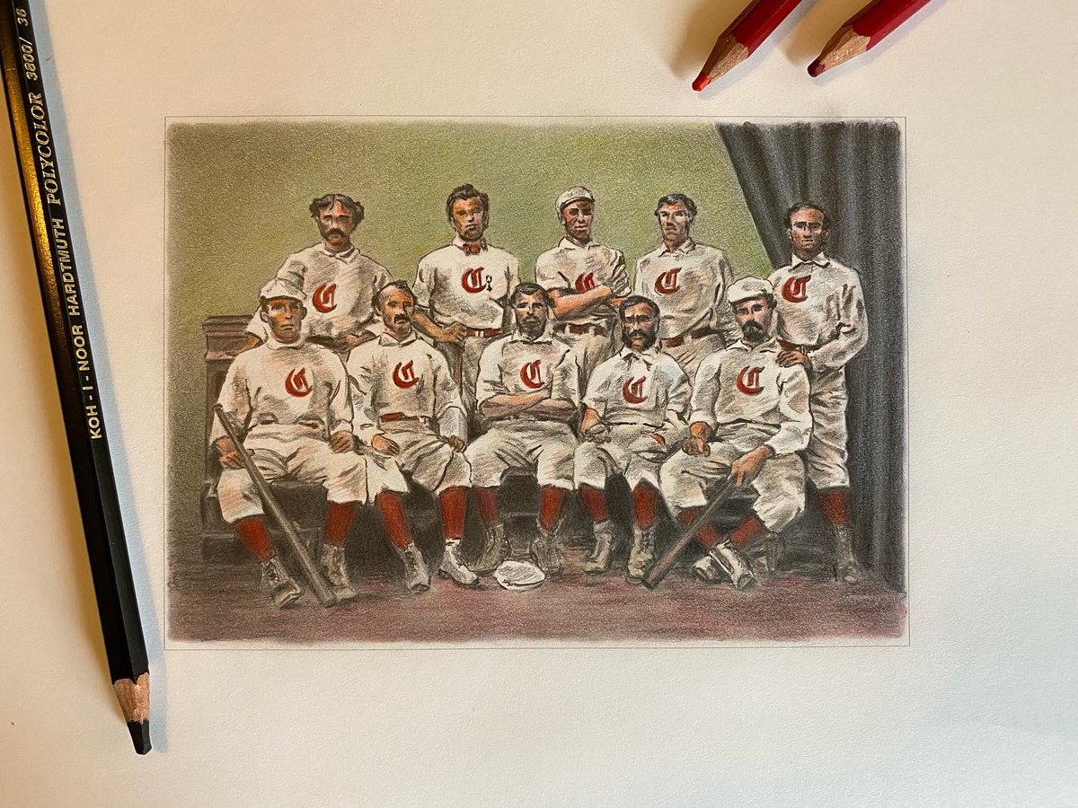 TASdesign's tweet photo. It was on this date in 1869 that Harry Wright was hired to lead the Cincinnati Red Stockings, the first professional baseball team. This is my sketch of the team. #pencilsketch #pencilart #pencilartist #drawing #drawingart #sketch #sketchdaily #sketchaday #sketchart #sketchartist https://t.co/Z6XQip6qLa