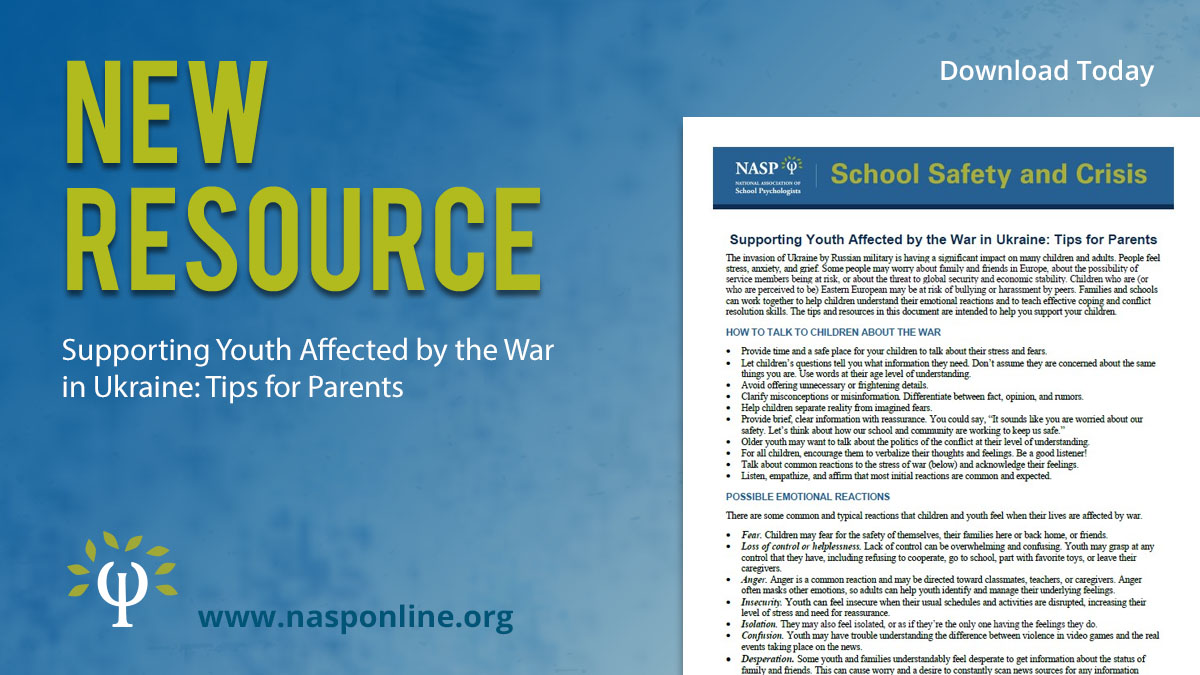 NASP has created two new resources to help support students affected by the war in Ukraine. The first is aimed at helping caregivers support their children, the second document is for teens who may need tips in health coping. 
bit.ly/3KJ76DV
bit.ly/3CIkfdH